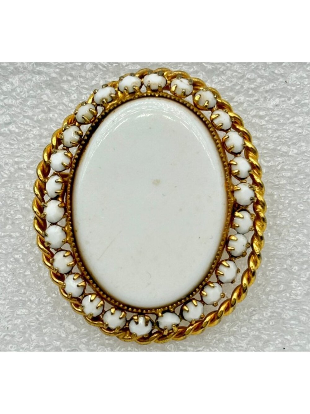 1960s Gold Tone Twist Oval White Milk Glass Rhinestone Brooch